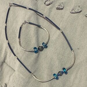 Blue Beaded Necklace and Bracelet Set with Glass Accent Beads